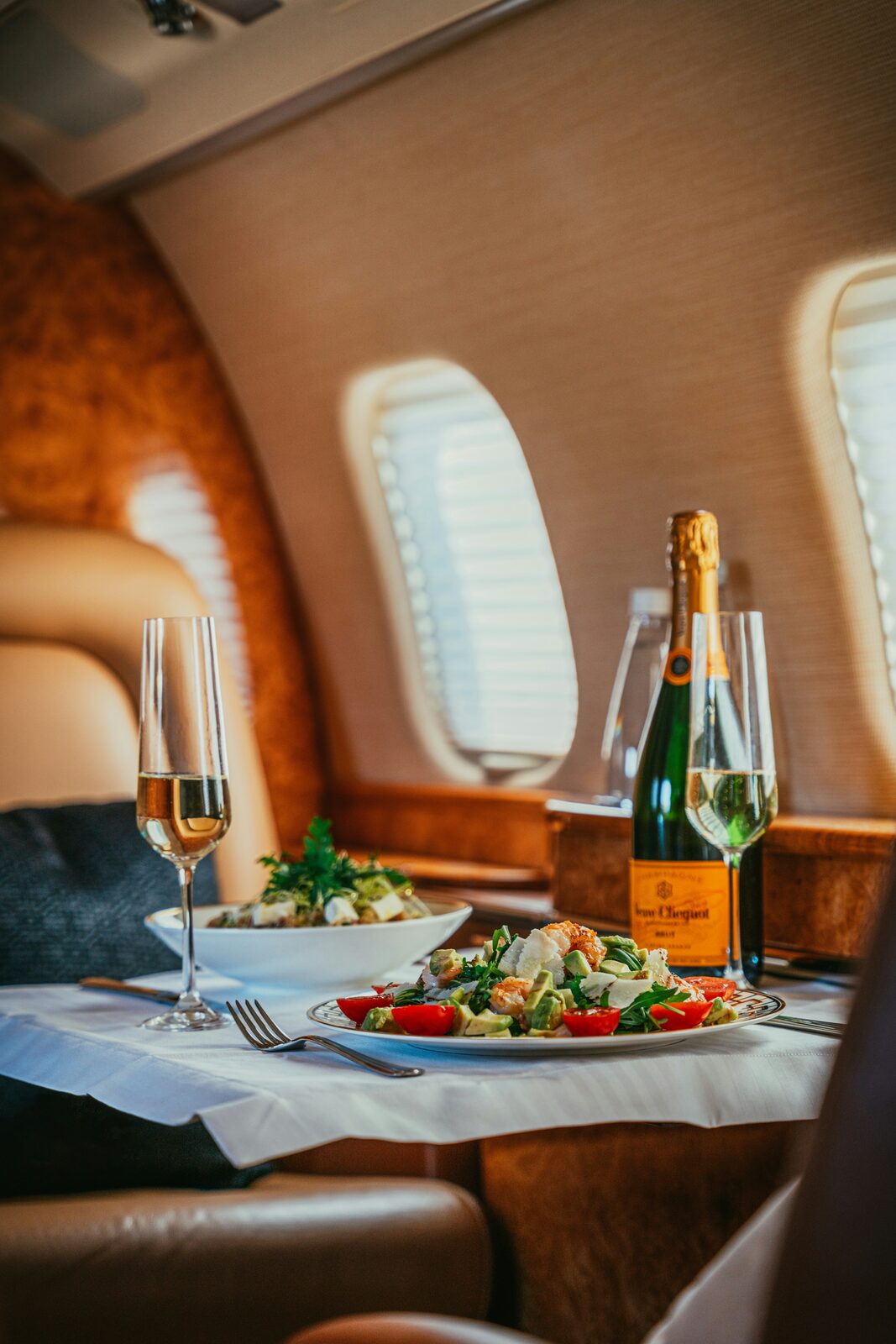 Fine dining aboard a private jet cabin