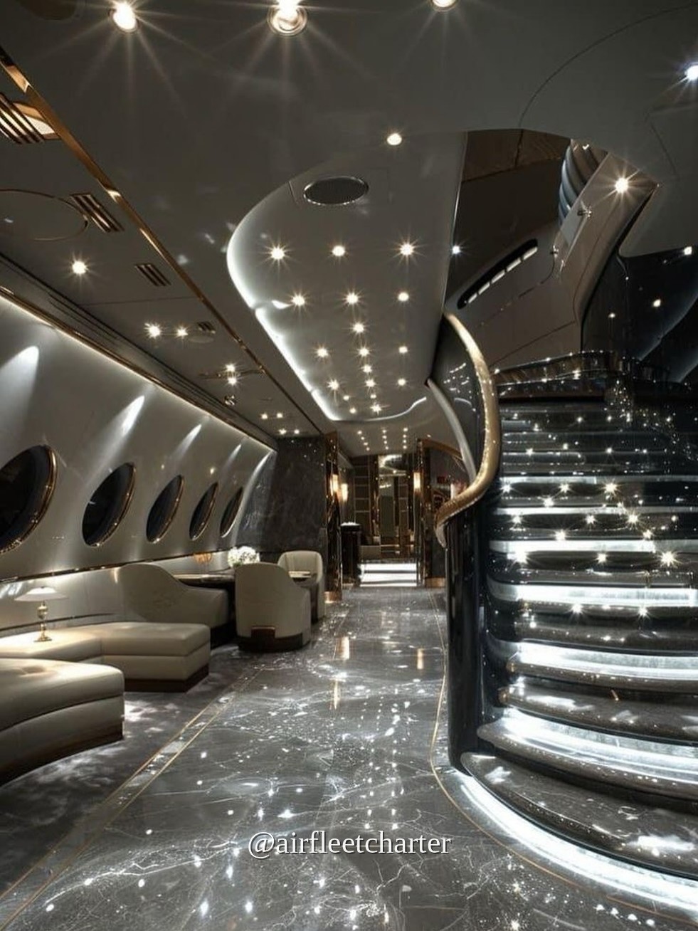Grand staircase interior aboard a large private aircraft